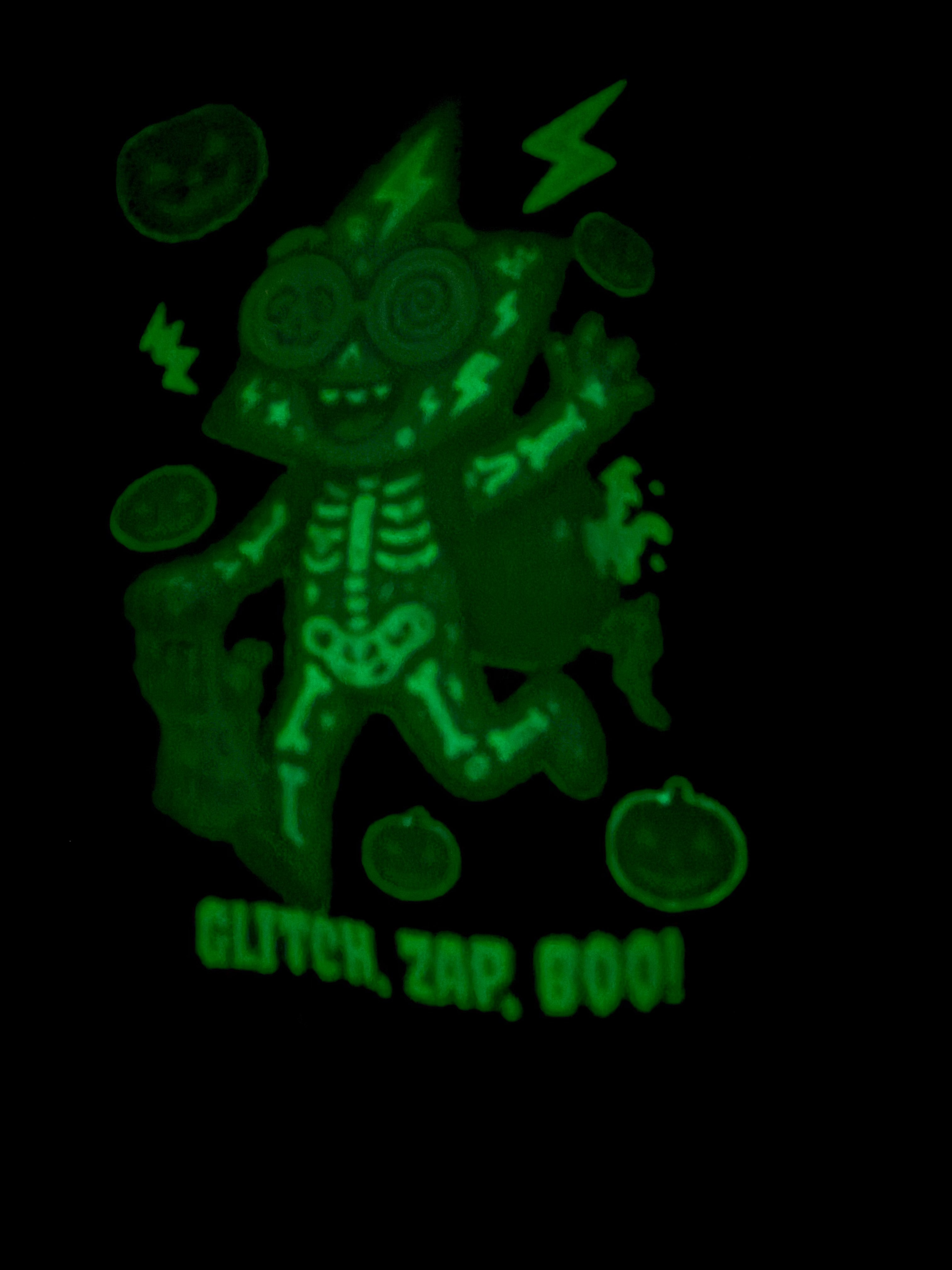 Glowing green skeleton character with pumpkins and text on a black background